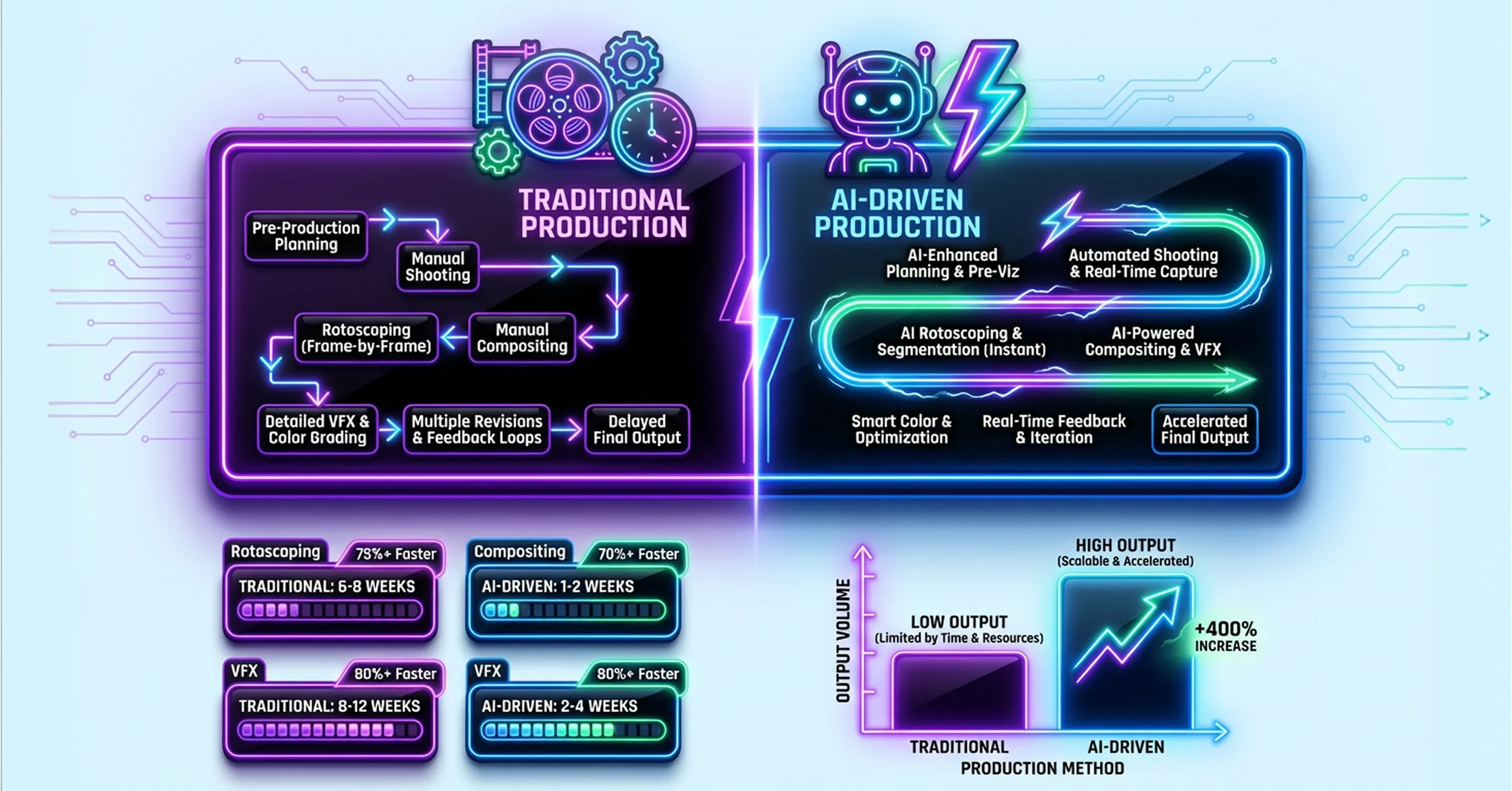 Comparison infographic showing traditional production workflows versus AI-driven production, highlighting faster processes, automation, real-time feedback, and increased output efficiency.