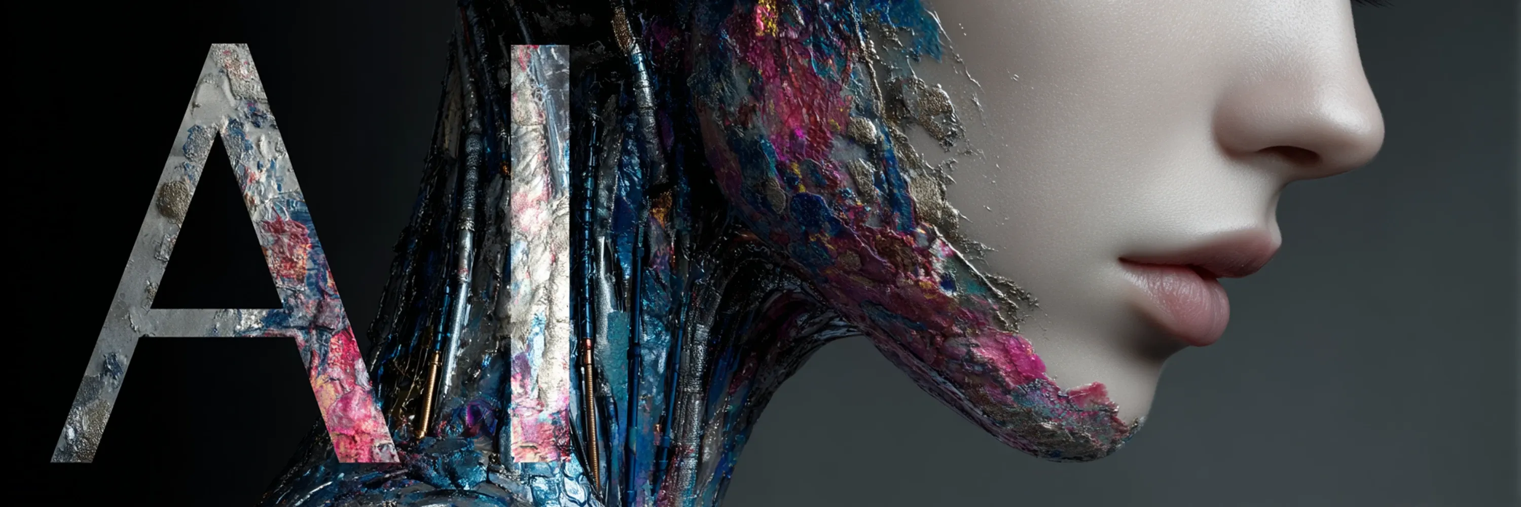close-up of a human face blending with colorful abstract textures and mechanical elements, symbolizing AI and human integration