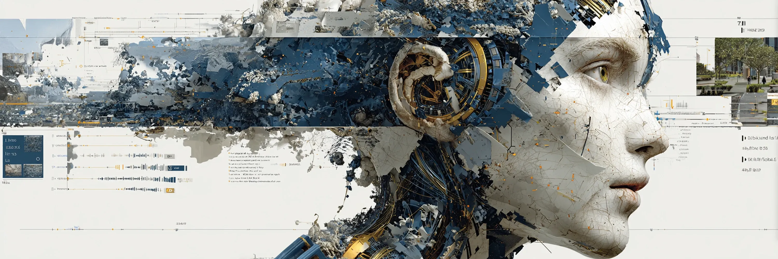 futuristic human-like AI face with exposed mechanical components and data interface visualization