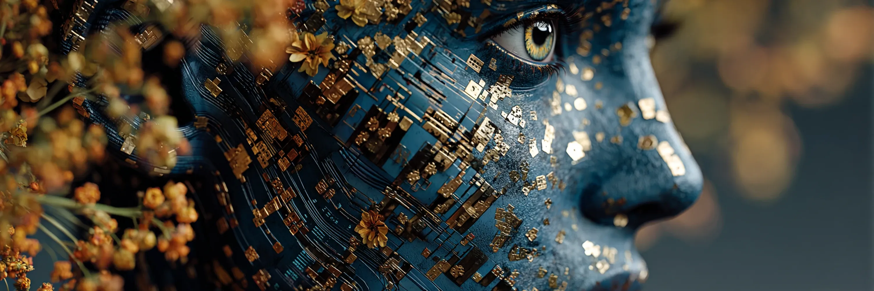 Close-up of a human face blended with intricate circuit patterns and gold elements, symbolizing AI-human integration and digital identity