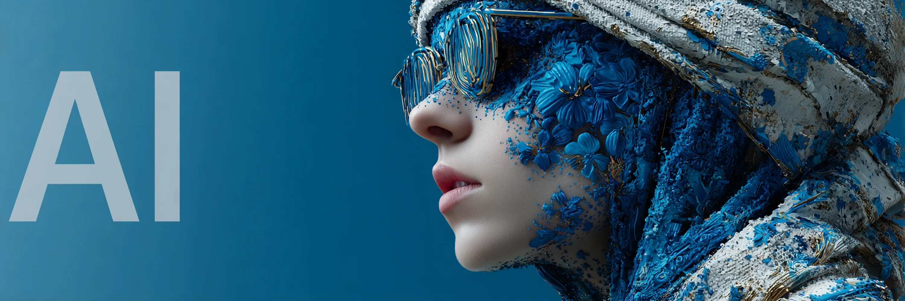 Artistic representation of artificial intelligence featuring a futuristic human profile with blue floral and digital textures, symbolizing creativity and advanced technology