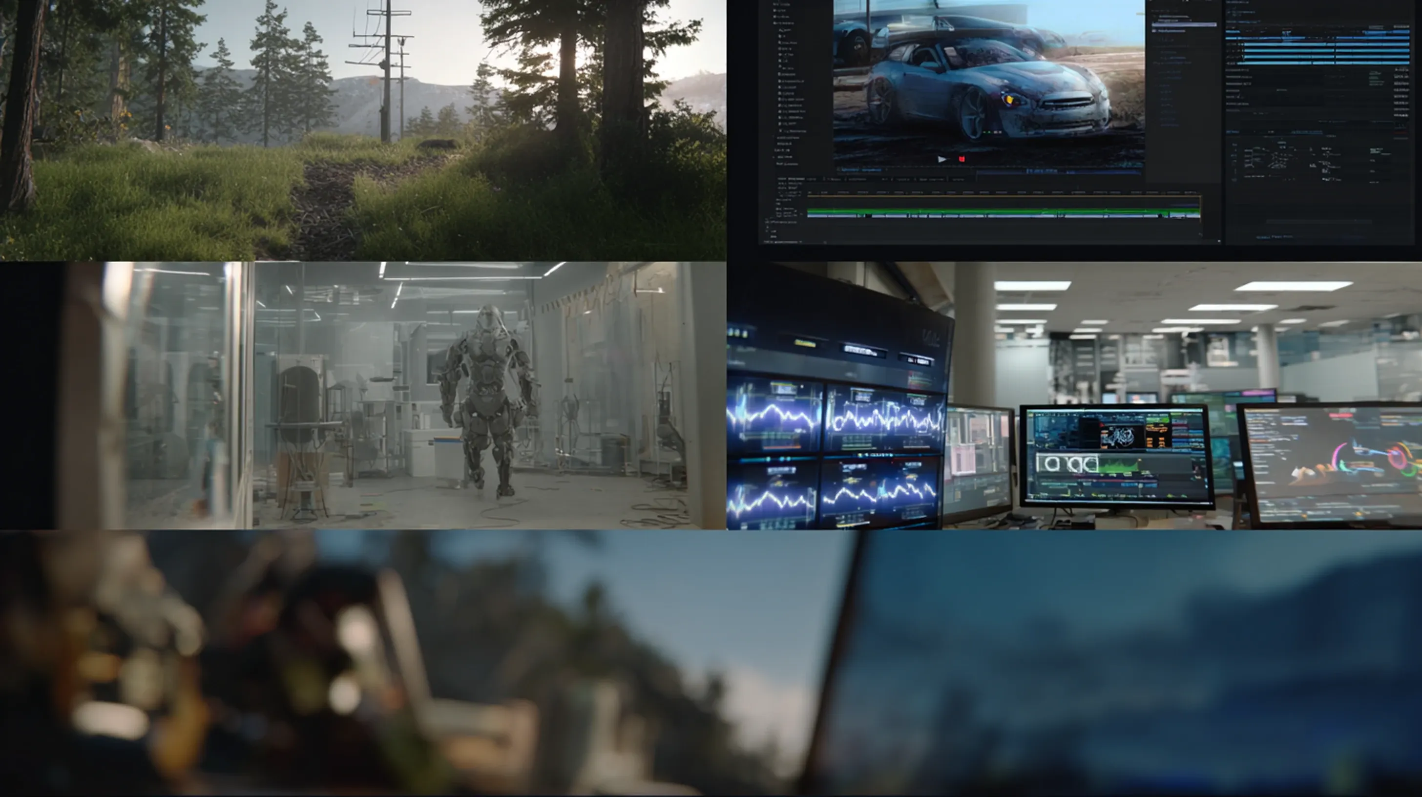 Multi-panel collage showcasing a cinematic visual effects and post-production workflow, featuring outdoor film footage, advanced video editing software, robotics concept development, analytics dashboards, and cinematic production scenes.
