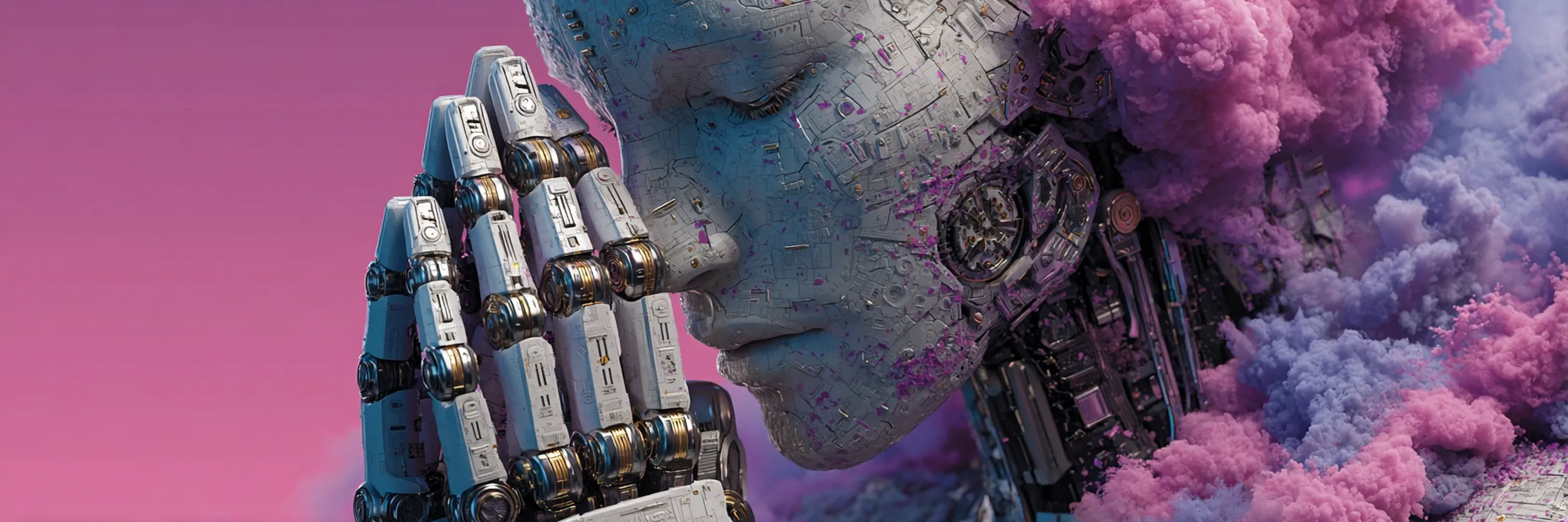 Close-up of a contemplative humanoid robot with intricate mechanical details surrounded by pink and purple clouds, symbolizing artificial intelligence, machine consciousness, creativity, and futuristic technology