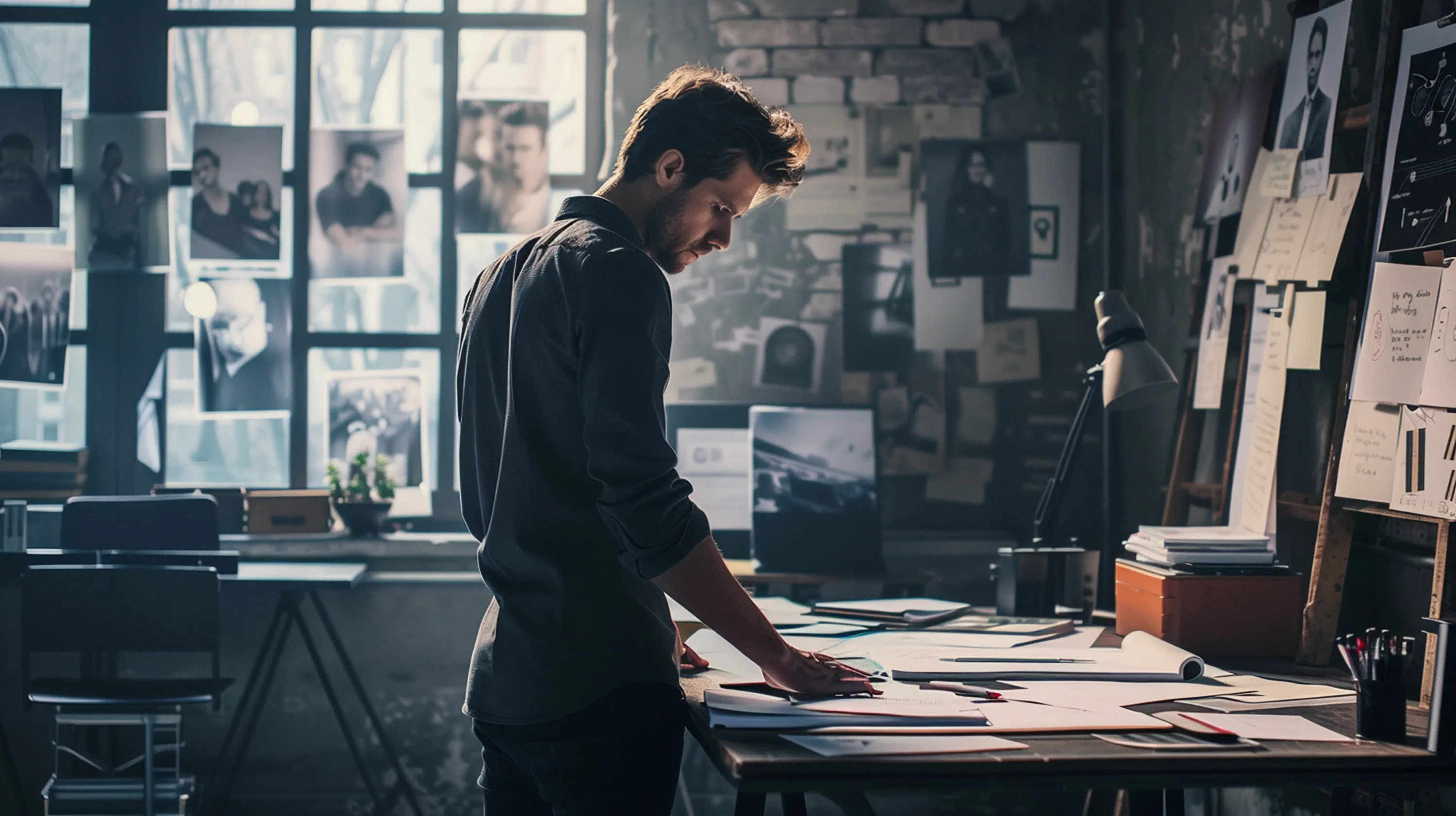 Creative professional reviewing documents and project plans in a modern design studio surrounded by inspiration boards, photographs, sketches, and research materials.