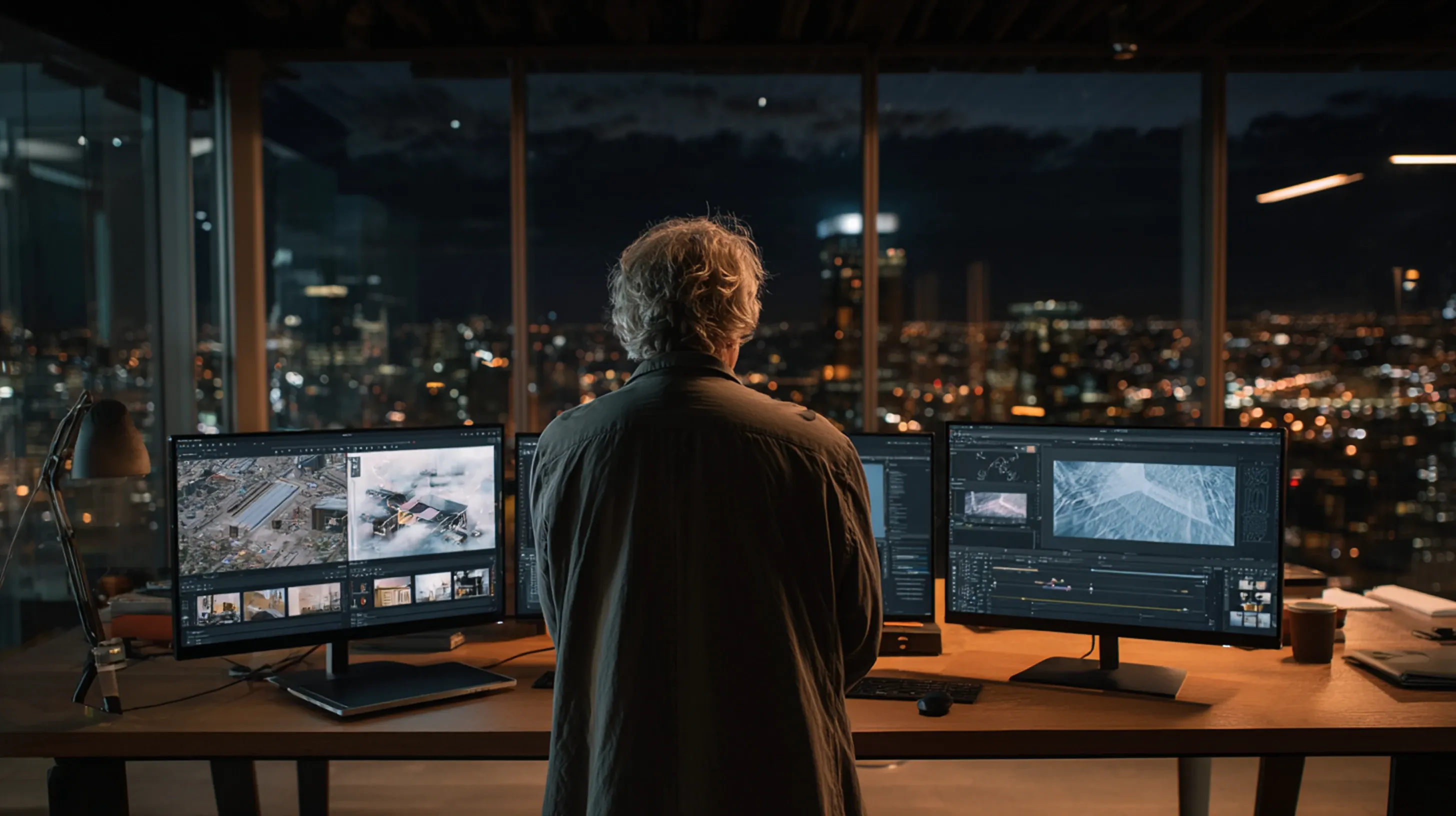 Rear view of a creative professional working at a multi-monitor editing workstation in a high-rise office at night, with a city skyline illuminated through floor-to-ceiling windows and video editing software displayed on screens.