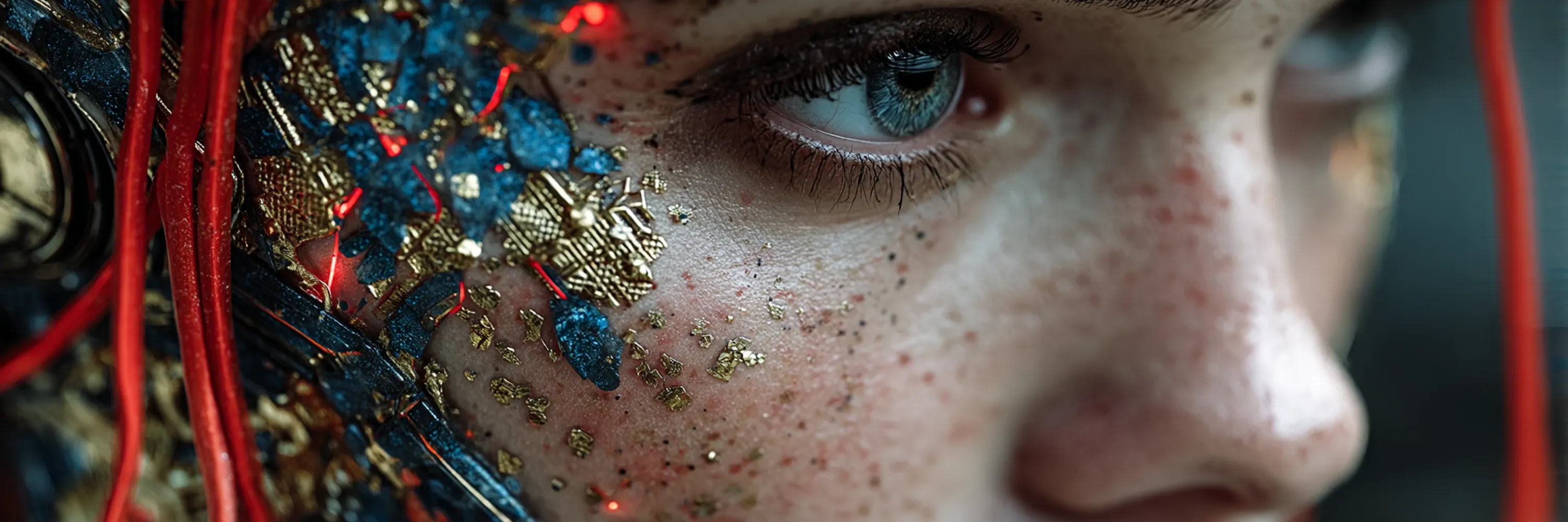 Extreme close-up of a human eye with cybernetic facial enhancements, glowing circuitry, and futuristic biomechanical details