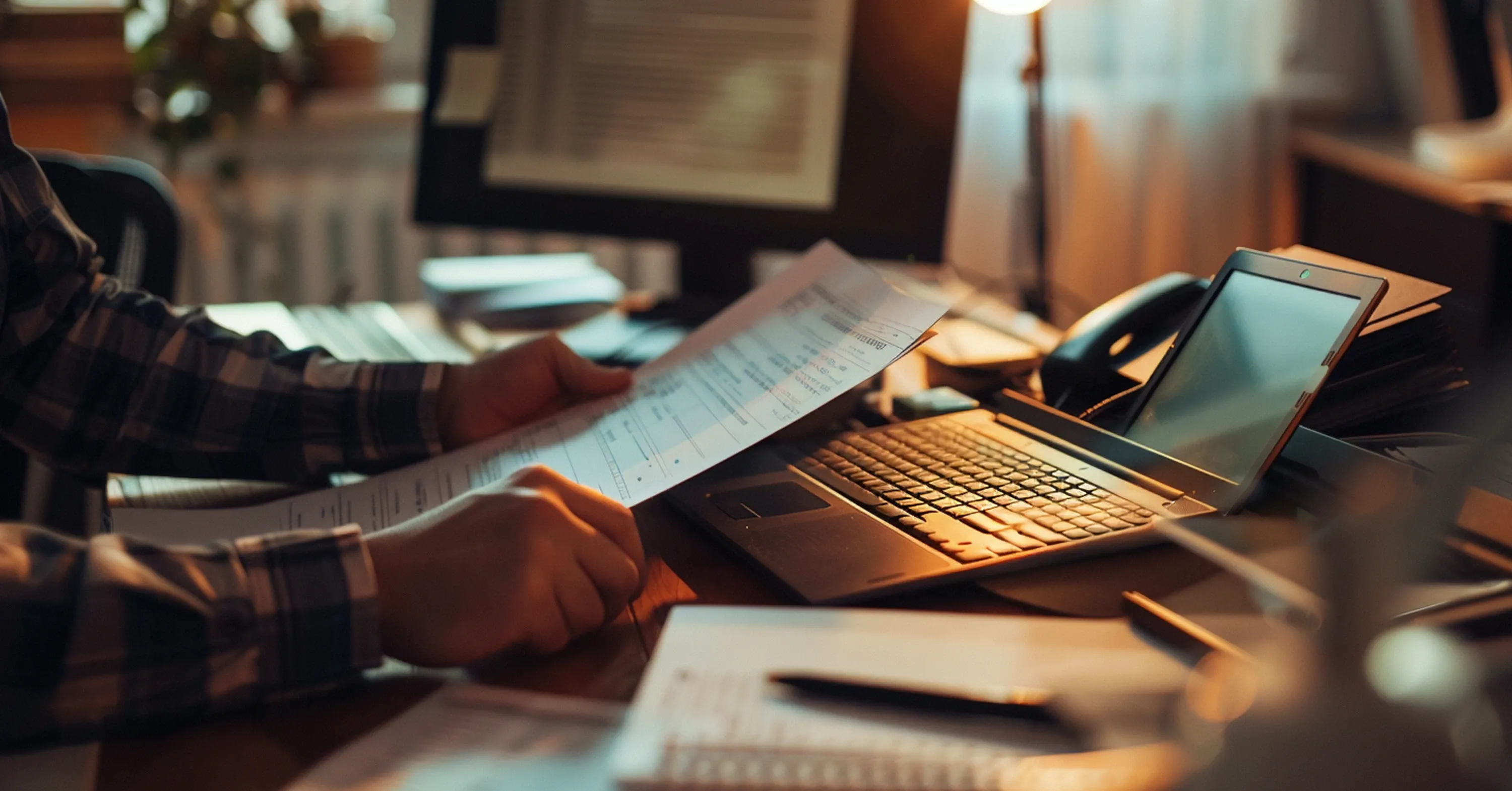 Professional reviewing printed business documents beside a laptop in a modern office workspace, illustrating document management, compliance verification, digital workflows, and administrative processing.