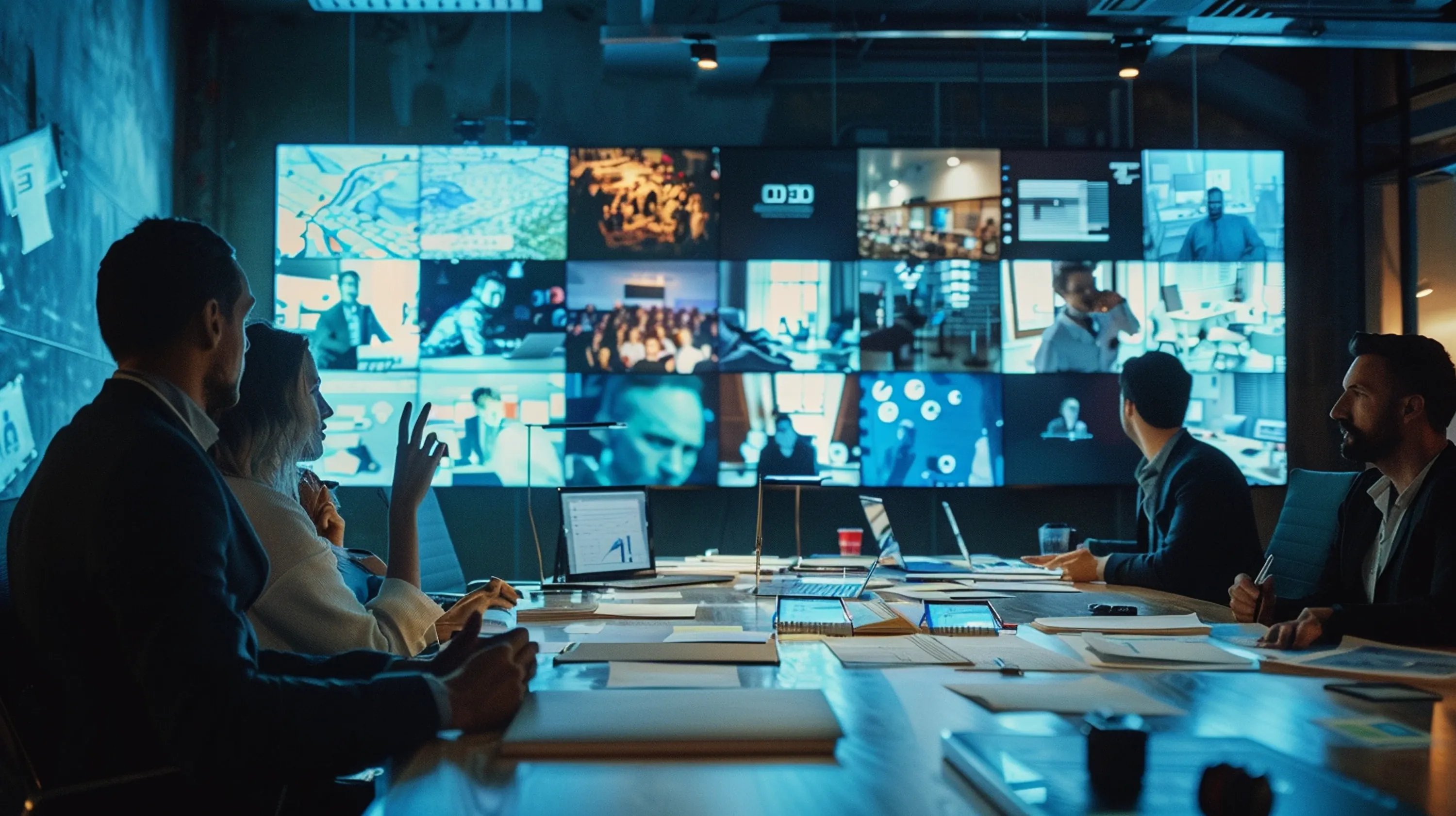 Business professionals in a modern conference room participating in a large-scale video conference displayed across a wall of digital screens showing remote participants and collaboration dashboards.