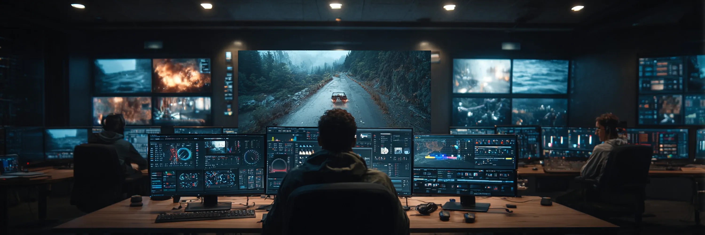 Formula 1 driver wearing helmet with racing team telemetry control room analyzing data in the background