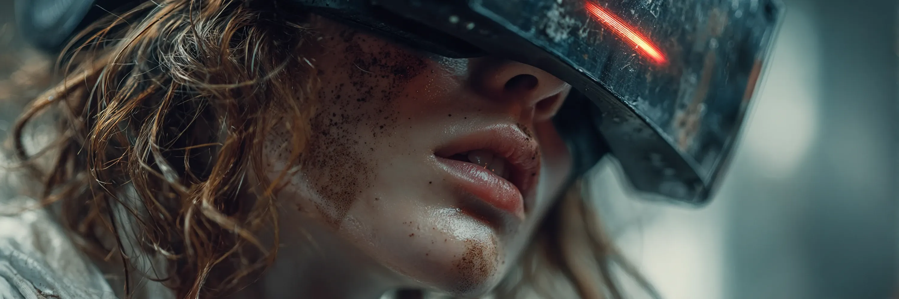 Close-up portrait of a person wearing a futuristic visor with glowing red light, featuring textured skin details and a cyberpunk aesthetic.