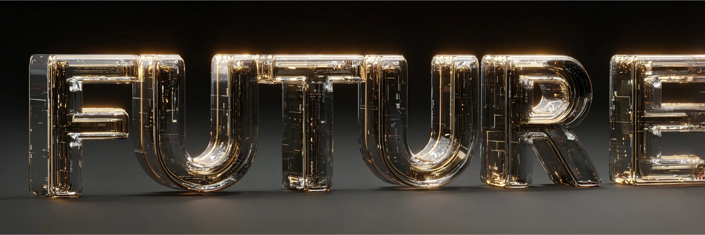 3D glass-like letters spelling “FUTURE” with glowing golden edges on a dark background