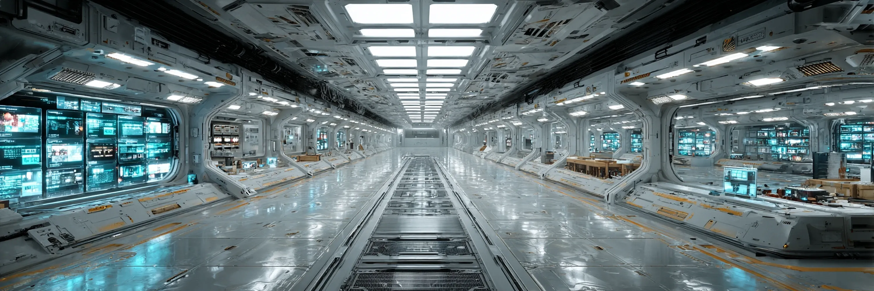 Wide futuristic space station corridor with advanced control panels, digital screens, and high-tech infrastructure