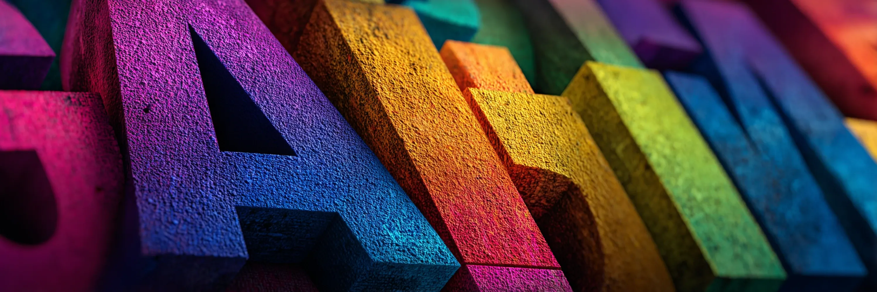 Close-up of colorful textured 3D AI lettering with vibrant neon gradients and abstract geometric design