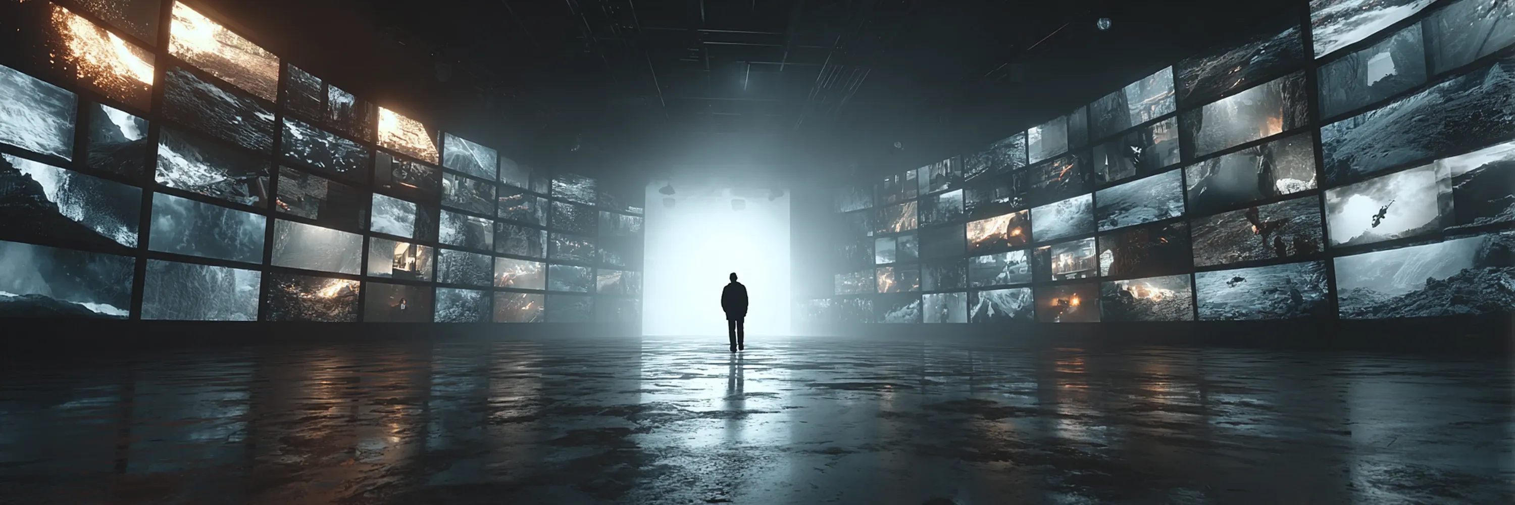 Person standing in a large immersive room surrounded by multiple screens displaying cinematic digital content