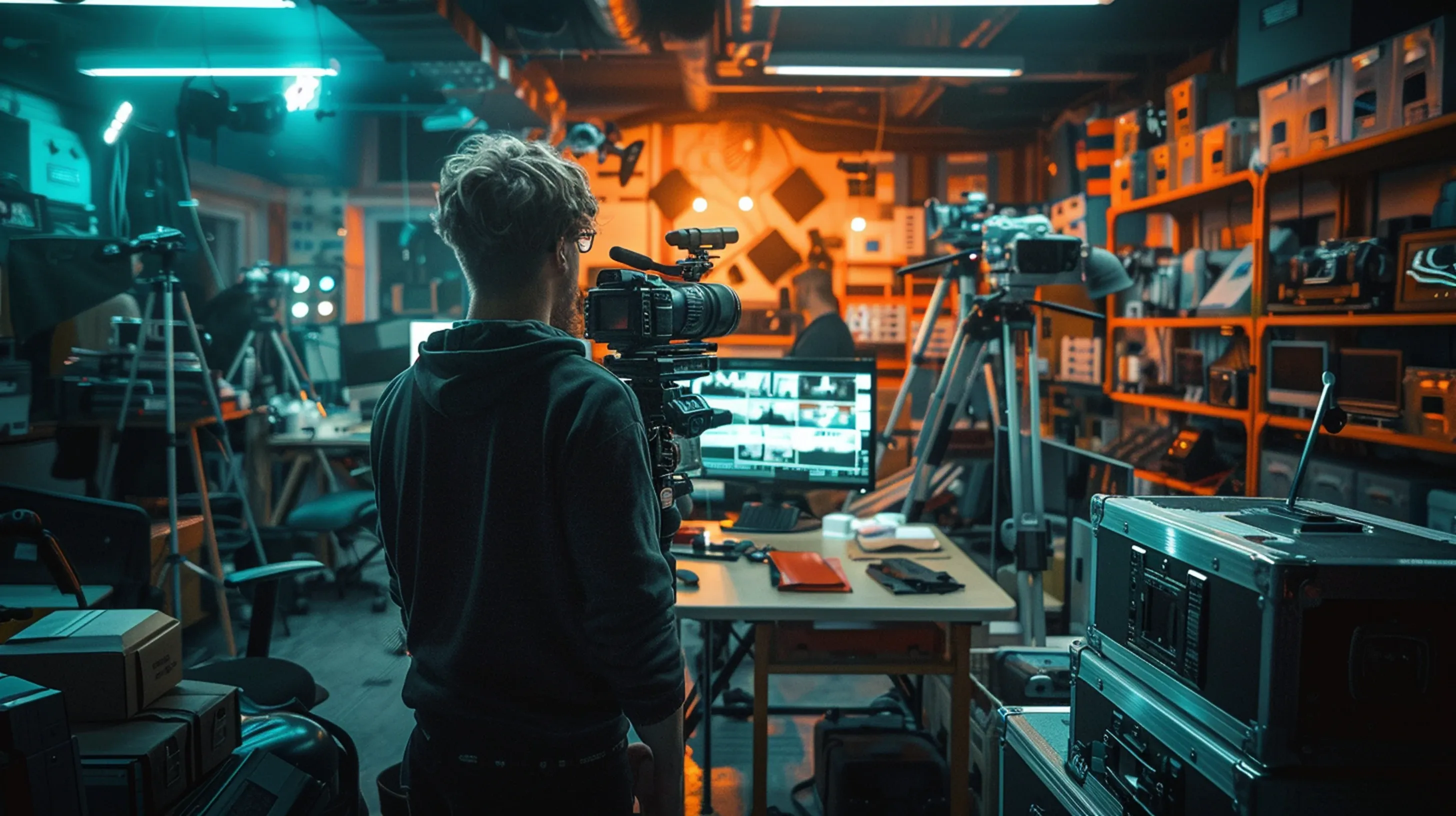 Videographer operating professional camera equipment inside a modern video production studio filled with editing monitors, lighting, and broadcast gear