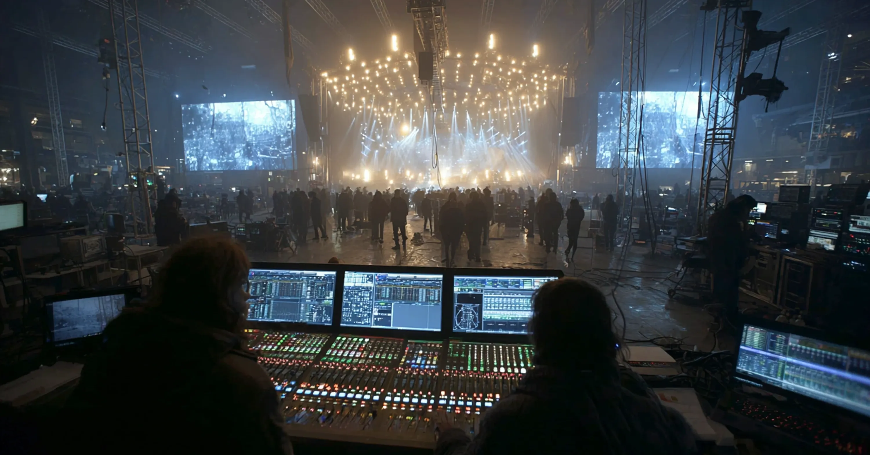 Live concert production scene with sound engineers operating mixing consoles while stage lights illuminate a large crowd and performance setup