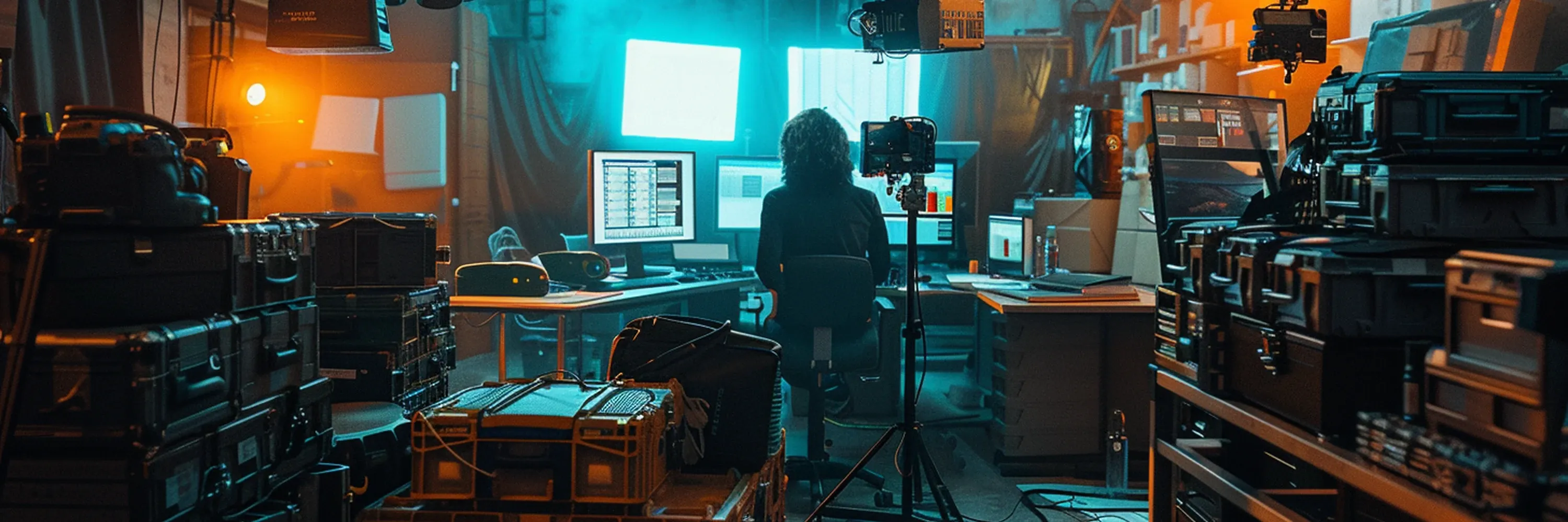 Media production workspace with professional video equipment, cameras, lighting gear, transport cases, and a technician operating multiple computer monitors in a broadcast and content creation environment.