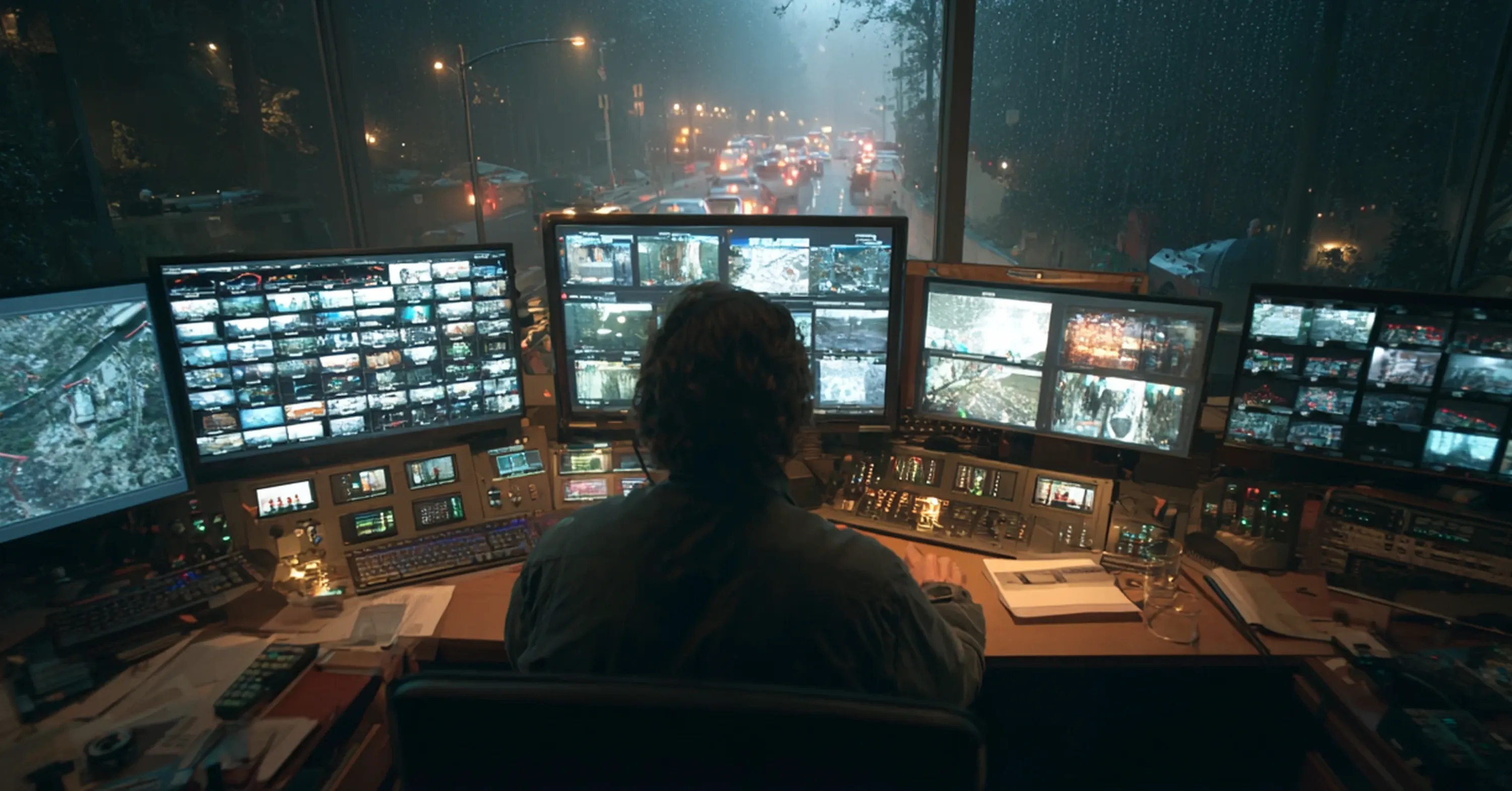 Operator monitoring multiple real-time surveillance and traffic camera feeds inside a high-tech command and control center during rainy nighttime conditions