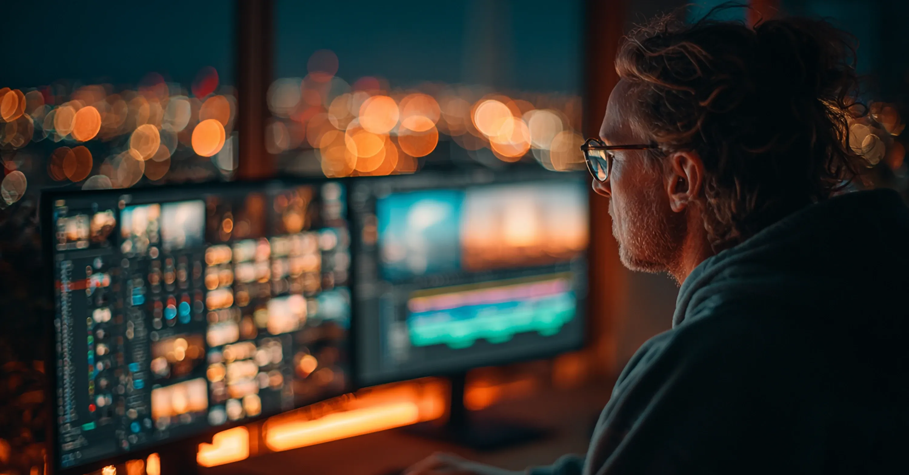 Video editor working at multiple monitors with editing timeline and footage, city lights visible at night
