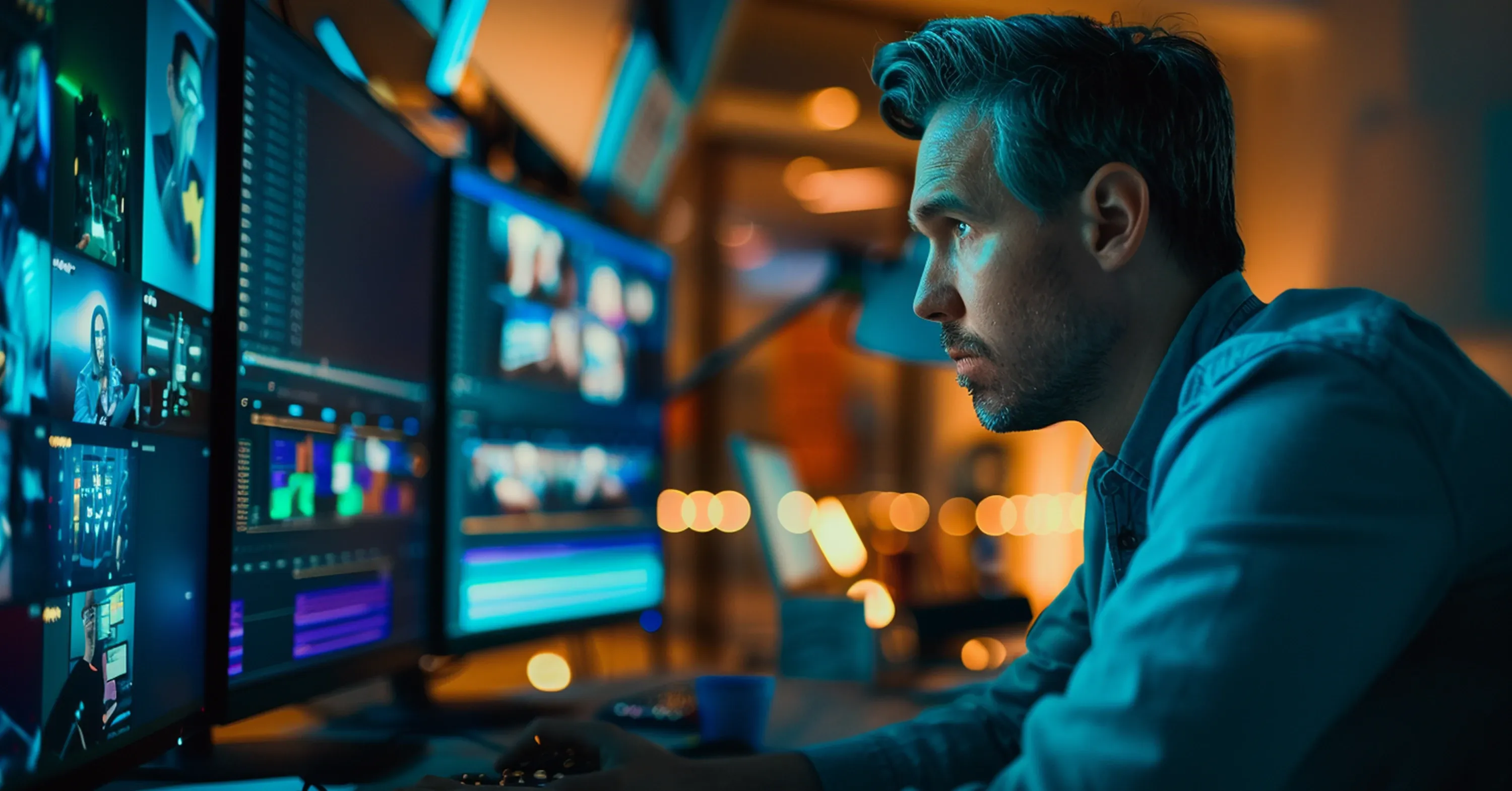 Professional video editor reviewing footage across multiple monitors in a modern post-production studio with editing timelines, color grading panels, and media management tools visible on screen