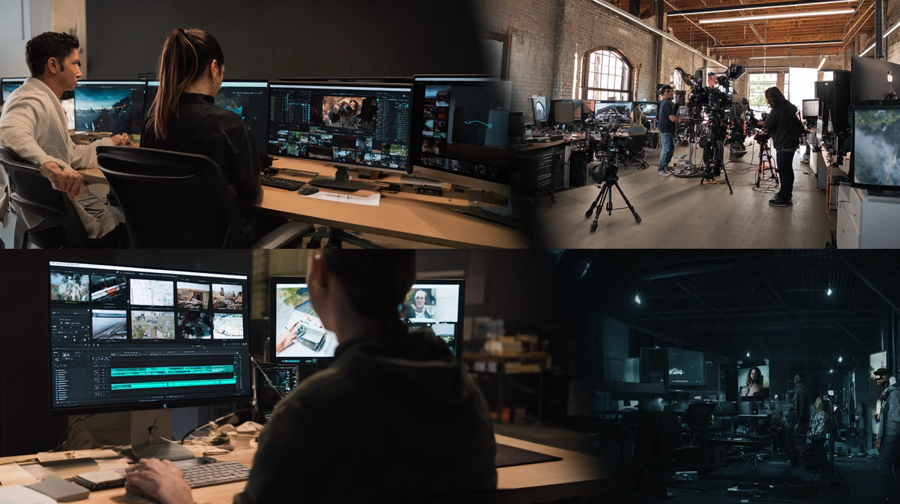Collage of video production and post-production workflows showing editors working on multi-monitor editing stations, a film production set with cameras and crew, and professional video editing software in use.
