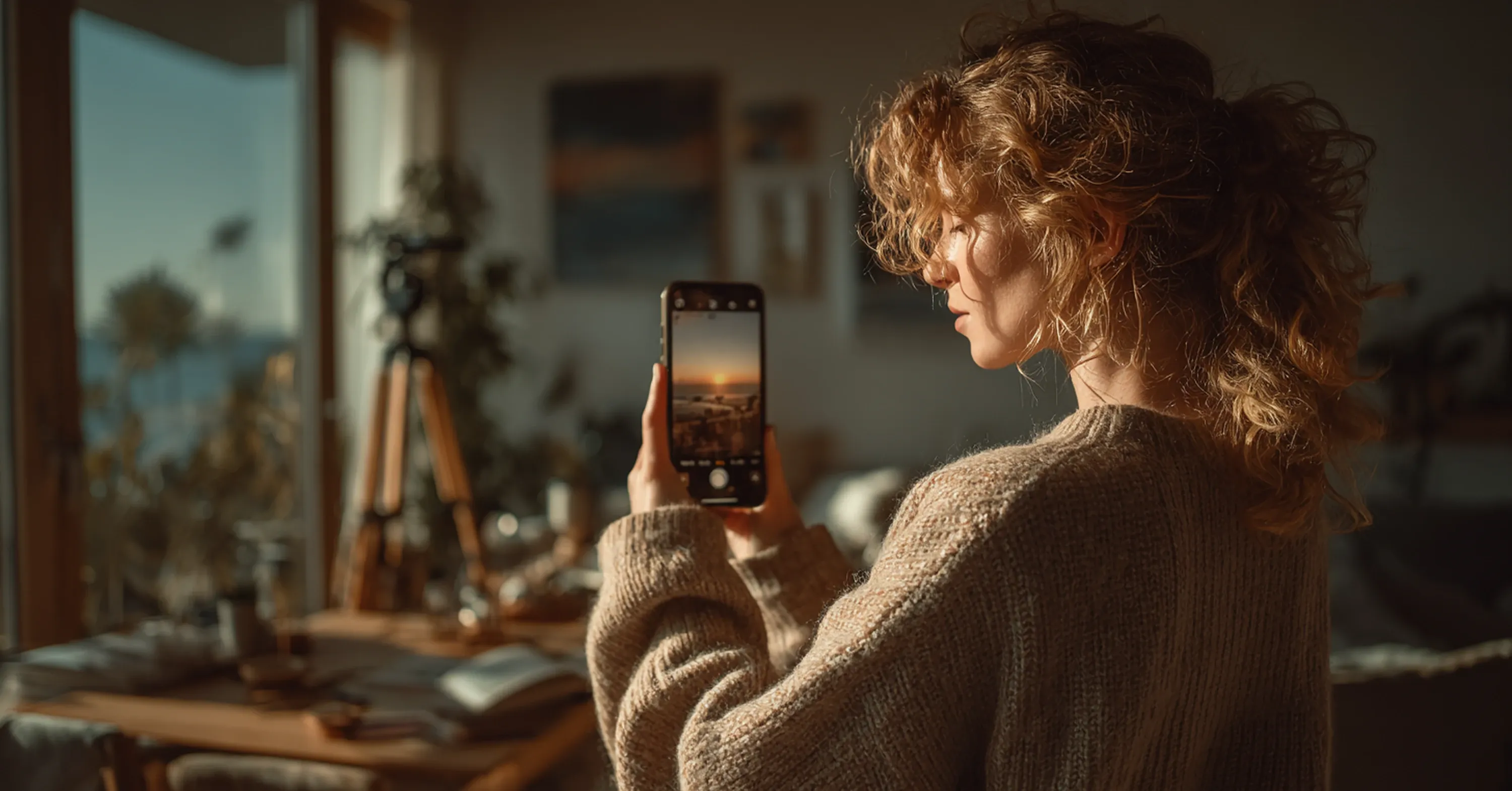 Woman taking a photo of a sunset with her smartphone inside a cozy home setting